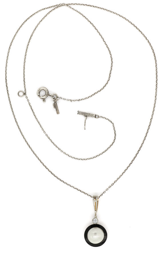 Foto 4 - Antikes Collier mit Diamant Onyx Perl Anhänger an Kette, S9805
